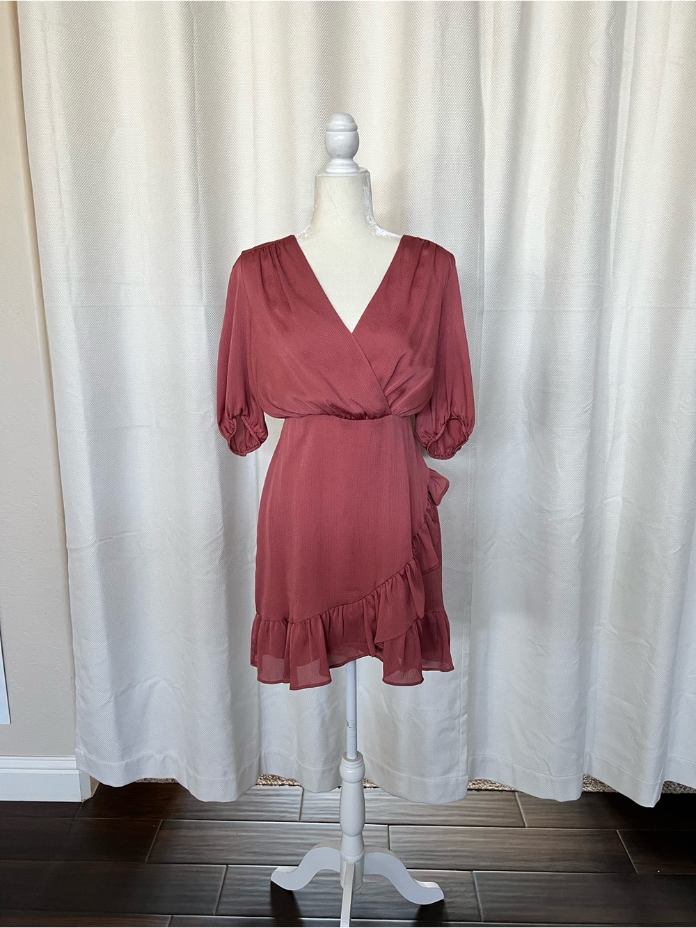 Rust Pink Wrap Ruffle Dress